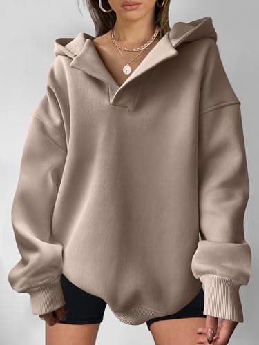 ANRABESS Womens Oversized Hoodies V Neck Sweatshirts Fleece Long Sleeve Pullover Y2K Clothes 2025 Fall Trendy Outfits Coffee Grey XXL - Image 3