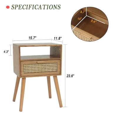 MaxSmeo Mid Century Modern Nightstand with Drawer, Small Nightstand Bedside Table, Rattan Nightstand, Wood End Table for Bedroom, Living Room (Brown) - Image 3