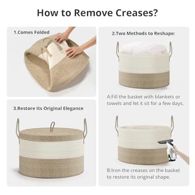 Noonkty Blanket Basket with Lid - Large Toy Basket for Baby 21.7" x 13.8" Woven Baskets Blanket Storage for Living Room Bedroom, Cotton Rope Laundry Baskets for Towels Pillow, White & Brown - Image 8