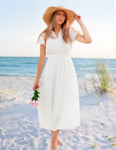 ZESICA Women's Summer Casual Maxi Dress 2025 Puff Short Sleeve V Neck Ruffle Tiered Flowy Boho Beach Dresses,White,Medium - Image 2