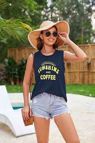 Tank Tops for Women Summer Sunshine and Coffee Graphic T-Shirts Sleeveless Casual Ladies Loose Tunic Blouse(Sunshine Deep Blue, L) - Image 8