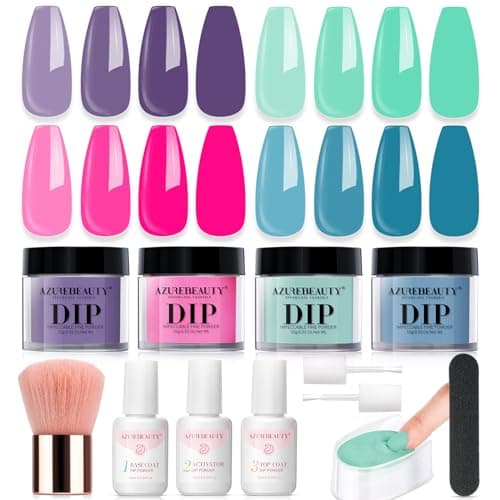 AZUREBEAUTY Dip Powder Nail Kit Starter, Spring Summer Bright Pastel Green Hot Pink Purple 4 Colors Dipping Powder Liquid Set with Base/Top Coat Activator for French Nail Art Manicure DIY Easter Gift - Image 1