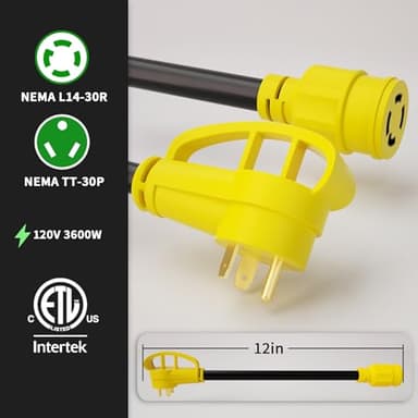 POWGRN 30 Amp to 30 Amp RV Generator Adapter Cord 1FT(12 Inch), NEMA TT-30 Male Plug to NEMA L14-30 Female Plug, 3 Prong Heavy Duty Power Cord, 10 Gauge STW, 30A 125V/250V, Black-Yellow, ETL Listed - Image 2