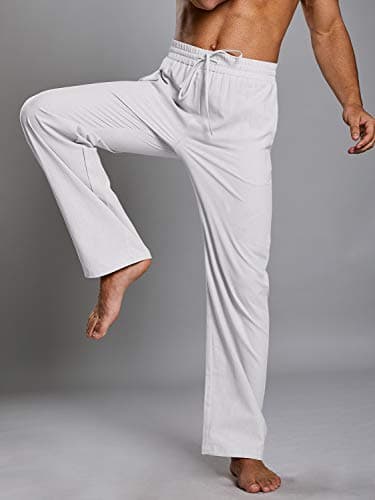 PASLTER Mens Casual Linen Pants Loose Fit Straight-Legs Elastic Drawstring Waist Summer Beach Yoga Long Pants B-White - Image 4
