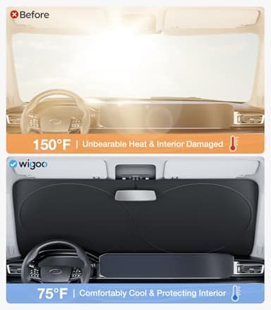 Wigoo 2025 Upgrade Car Windshield Sun Shade [100% Light Block, 4th-Gen Cooling Tech] Foldable Heat Insulation Interior Sun Visor with Storage Bag for Sedans/SUVs/Hatchbacks (M (64"x32") - Image 2