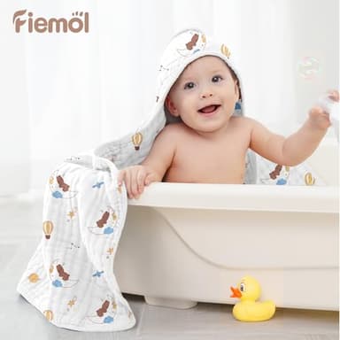FIEMOL Baby Bath Towels, 100% Muslin Cotton Hooded Baby Towels for Newborn, 2 Pack Baby Towels with Hood for Infant Toddler and Kids, Large 32x32Inch, Soft and Absorbent - Image 2