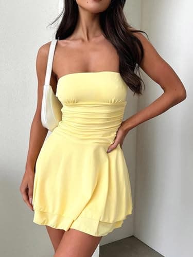 Women Sexy Tube Top Silk Dress Strapless Ruched Basque Waist Ruffle Layer Mini Dress Jumpsuit Party Dresses Light Yellow - Image 4