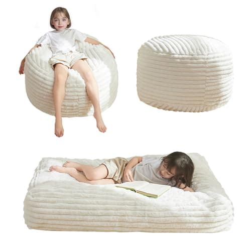 MAXYOYO Kids Bean Bag Chair Bed, Convertible Children Chair to Floor Mattress with Filler, Faux Fur Bean Bag Bed Stuffed Child Sofa Couch for Girl Boy Sleeping, Machine Washable Cover, Beige - Image 1