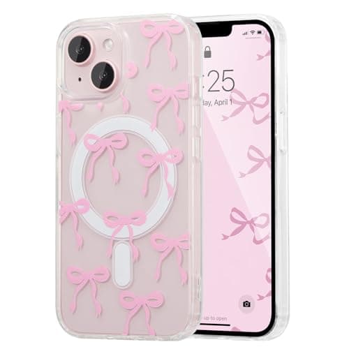 UEEBAI Magnetic for iPhone 14 & iPhone 13 Case, Bow Case Compatible with MagSafe, Wireless Slim Clear Ribbon Phone Cover Anti-Yellowing Shockproof Protective Cover for Women Girl - Pink - Image 1