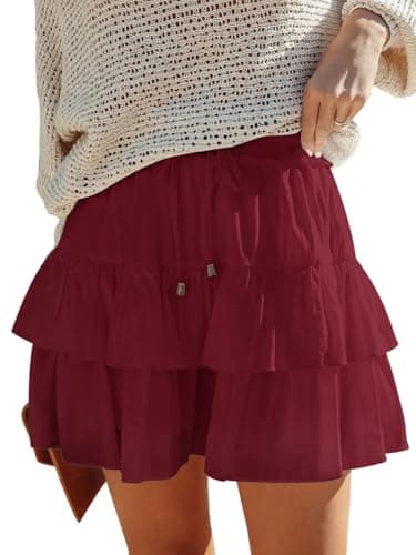 Aoudery Flowy Shorts for Women Boho Ruffled Tiered Skorts Casual High Waist Mini Skirts Tennis Golf Comfy Shorts 2025 - Wine Red L - Image 1