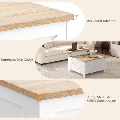Yaheetech Farmhouse Lift Top Coffee Table with Storage, Square Coffee Table for Living Room, 31.5 Inches Center Tables with Large Hidden Storage Compartment for Home Office, White & Light Oak - Image 8