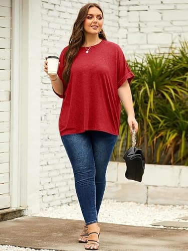 Women Oversized T-Shirt Summer Casual Short Sleeve Loose Tee Tops Dark Red - Image 4