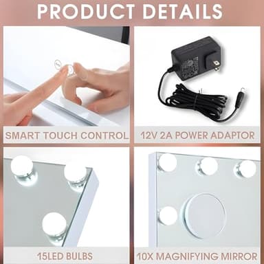 MISAVANITY Large Vanity Makeup Mirror with Lights 23"X18" Lighted Hollywood Mirror with 10X Magnification and USB Charger for Bedroom Dressing Room Tabletop 15 Dimmable LED Lights 360 Degree Rotating - Image 3