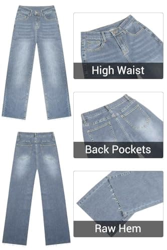 KDF Straight Leg Jeans for Women High Waisted Jeans Frayed Baggy Pants Raw Hem Loose Stretchy Cropped Wide Leg Jeans Light Blue Size 16 - Image 6