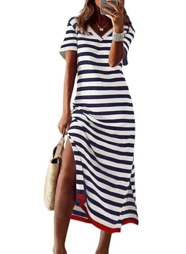 Dokotoo Dresses for Women 2025 V Neck Short Sleeve Striped Casual Long Loose Womens Dresses Beach Vacation Clothes for Women Blue Medium - Image 1