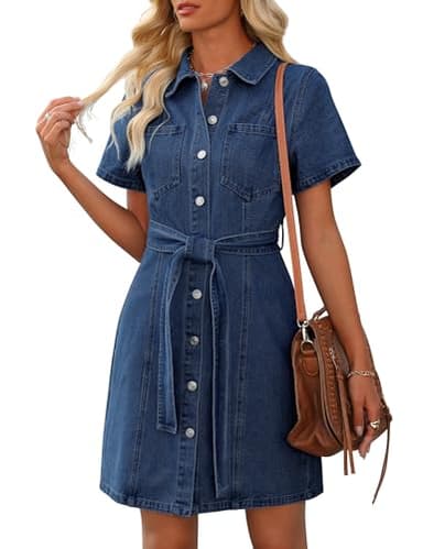 Nitzana Women's Denim Dress Summer Short Sleeve Jean Dress Button Down Denim Shirt Dresses with Pocket 2025 Trendy Outfits(Dark Blue,M) - Image 1