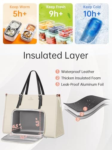MATEIN Laptop Tote Bag for Women, 15.6 Inch Laptop Commuter Tote Insulated Lunch Bag, Waterproof PU Leather Work Purse with lunch Box compartment for Work Business Picnic Teacher Casual Office, Beige - Image 3