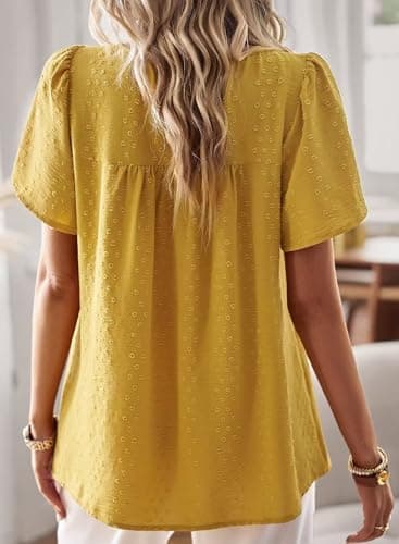 Falechay Tunic Tops to Wear with Leggings Bohemian Women's Tunic Tops Lace Crochet Yellow Shirts for Women Crew Neck Short Sleeve Women's Blouses L - Image 3