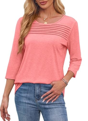 Womens Tops Dressy Casual School Outfits for Teachers Spring Summer 3/4 Length Sleeve Plus Size Women Blouses Business Work Tshirts Shirts Beach Fashion Coral 2XL - Image 3