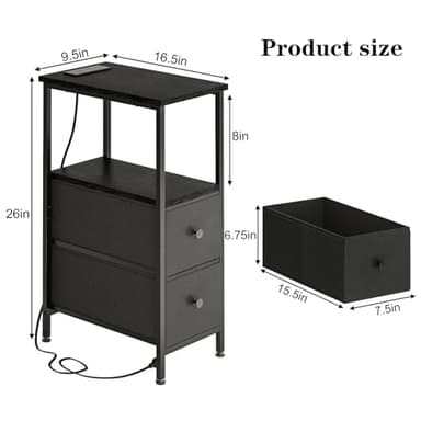 Fixwal Narrow Side Table with Charging Station and LED Light, Skinny Nightstand with 2 Fabric Drawers, Slim End Table for Bedroom, Dorm, Small Space, Black - Image 3
