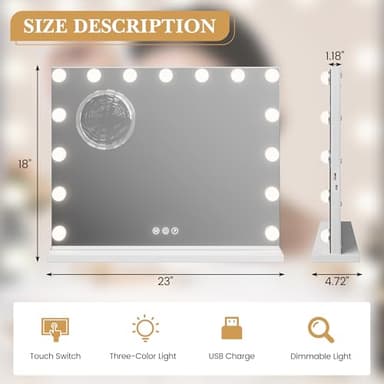 Vanity Mirror with Lights, Hollywood Lighted Vanity Mirror with 15 Dimmable LED Bulbs, 3 Color Modes, USB Charging Port, Light up Mirror with Touch Control for Bedroom, Tabletop, 23" x 18" - Image 4