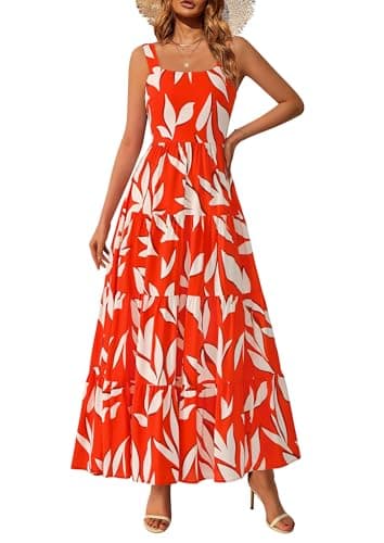 PRETTYGARDEN Women's Summer Floral Maxi Dress Sleeveless Smocked Ruffle Long Flowy Beach Vacation Boho Sundresses (Floral Orange Beige,Small) - Image 1