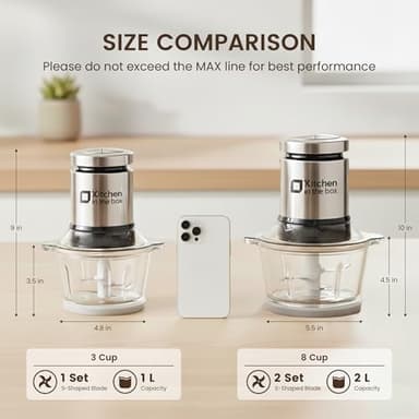 Kitchen in the box Food Processor, Electric Meat Grinder & Food Chopper with 400W Powerful Veggie Chopper-2 Bowls（8 Cup+8 Cup） & 2 Bi-Level Blades for Meat/Fish/Vegetable/Baby Food（Sliver Button） - Image 3