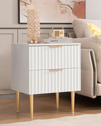 SICOTAS White Night Stand Set 2, Fluted Glossy Nightstand with 2 Drawers, Wide Modern Storage Bedside Table for Bedroom, End Side Table with Golden Metal Legs and Handles (White, 2 Pieces) - Image 6
