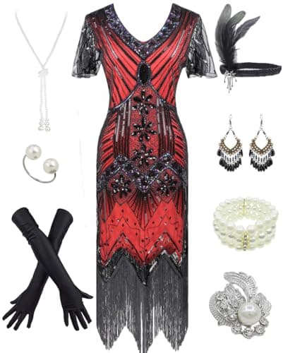 Women's 1920s Gatsby Inspired Sequin Beads, Style04-black&red, Size XXX-Large - Image 1