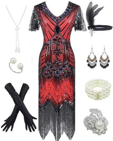 Women's 1920s Gatsby Inspired Sequin Beads, Style04-black&red, Size XXX-Large - Image 1