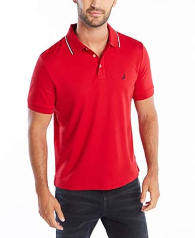 Nautica Men's Classic Fit Short Sleeve Dual Tipped Collar Polo Shirt, Red, Large - Image 1