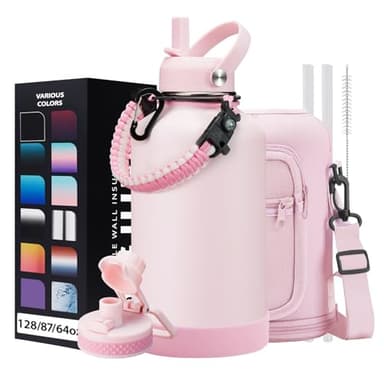 Half Gallon Water-Bottle with Straw - Pop-up Chug Lid (Cold 48H & Hot 24H) 64oz Insulated Water Bottle Flask with Sleeve Strap, Paracord Handle, Bottle Boot, Pink Stainless Steel Metal Water Jug - Image 1