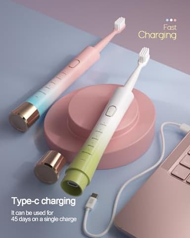 Upgrade Sonic Electric Toothbrush for Adults, 8 Replacement Brush Heads, Rechargeable Electric Toothbrush with 2-Minutes Timer IPX7 Water-Proof, for Indoor & Outdoor, White & Green Gradient - Image 3