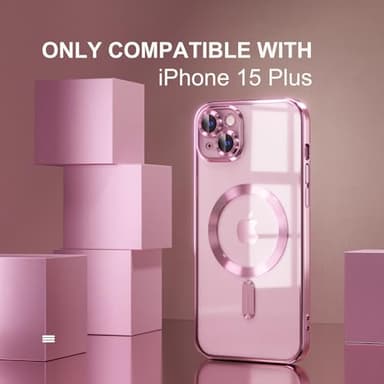 Misea Magnetic for iPhone 15 Plus Case Compatible with MagSafe [Never Yellowing] [Military Grade Drop Protection] Full Camera Lens Protector Plating Soft Clear Phone Case for Women, Pink - Image 2