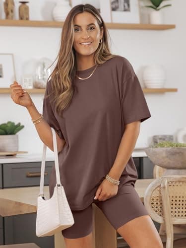 AUTOMET Plus Size Womens Clothing Summer Fahsion Two Piece Sets Summer Outfits 2025 2 Piece Lounge Set Matching Clothing Oversized Tshirts Biker Short Fashion Brown XXL - Image 5
