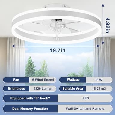 VOLISUN Low Profile Ceiling Fans with Lights and Remote, 19.7in Flush Mount Ceiling Fans with Light, 3000K-6500K Dimmable Fandelier LED Fan Light, White Bladeless Ceiling Fans with Lights for Bedroom - Image 6