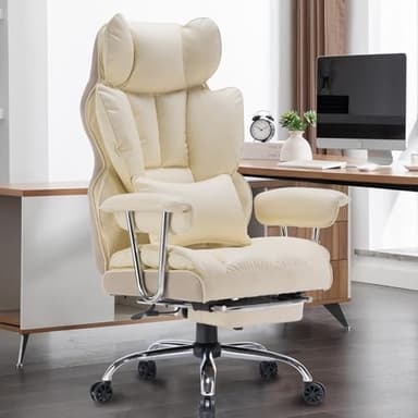Efomao Desk Office Chair 400LBS, Big and Tall Office Chair, PU Leather Computer Chair, Executive Office Chair with Leg Rest and Lumbar Support, Beige Office Chair - Image 1