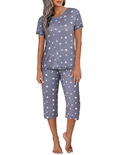 Ekouaer Women's Sleepwear Capri Pajama Sets Short Sleeve Two-Piece Pjs V Neck Tops & Capri Pants with Pockets S-3XL - Image 1