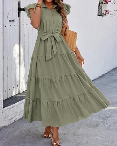 dowerme Women's Summer Casual Dresses 2025 Cap Ruffle Sleeve V Neck Button Belted Tiered Boho Maxi Dress with Pockets(Grey Green,Medium) - Image 4