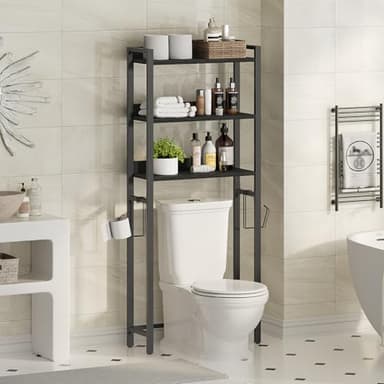 MAHANCRIS Over The Toilet Storage Rack, 3 Tier Bathroom Organizer Over Toilet, Freestanding Space Saver Toilet Stand with 2 Hooks, Bathroom Storage Shelf, Easy to Assemble, Black TSBK6001 - Image 1