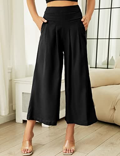 Hooever Women's Cotton Linen Culottes Pants Elastic Waist Wide Leg Palazzo Trousers Capri Pant (Black-XL) - Image 6