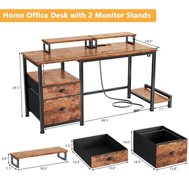 Furologee 47" Computer Desk with File Cabinet and Power Outlets, Home Office Desk with 2 Monitor Stands and Storage Drawer, Writing Gaming Table with Shelves and 2 Hooks for Bedroom, Rustic Brown - Image 3