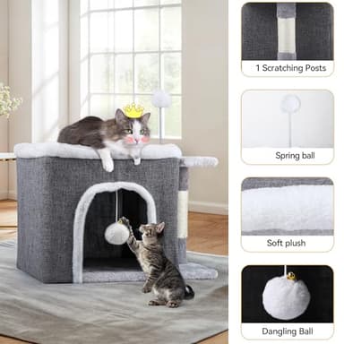 YITAHOME Cat Bed for Indoor Cats Cube House, Covered Cat House with Fluffy Ball Hanging and Nature Sisal Post,Cat Cave Bed Playhouse, Cute Cat Condo for Multi Small Pet Kitten, Grey - Image 3