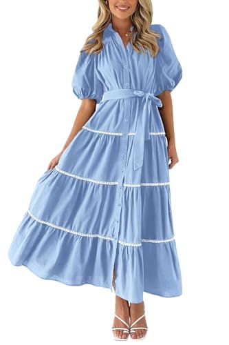 PRETTYGARDEN Women's Summer Button Down Shirt Dress Short Puffy Sleeve Tiered Ruffle Flowy Long Maxi Dresses (Light Blue,Medium) - Image 1