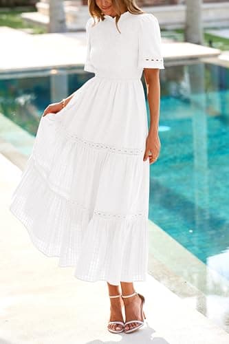 dowerme Summer Dresses for Women 2025 Casual Boho Hollow Out Short Sleeve Ruffle Mock Neck Smocked Maxi Gingham Sundress(White,Medium) - Image 7
