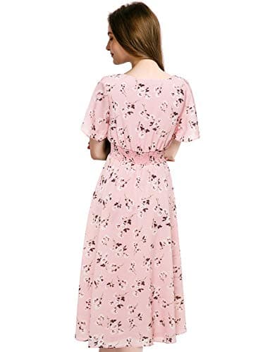 Gardenwed Womens Casual Summer Chiffon Floral V Neck Short Sleeve Smocked Wedding Guest Midi Dress Pink Dandelion M - Image 3
