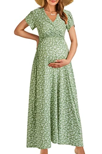 OUGES Summer Maternity Maxi Dress Wrap V Neck Baby Shower Nursing Dresses Breastfeeding 2025(Floral-8, X-Large) - Image 1