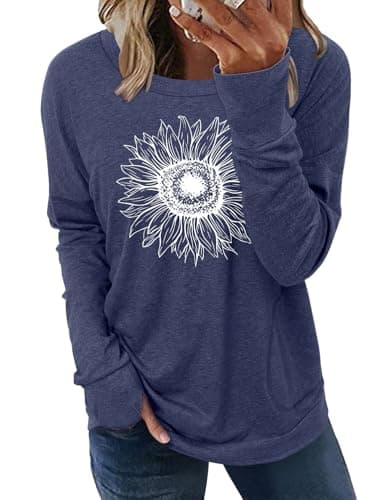 onlypuff Long Sleeve Shirts for Women Graphic T Shirts Tunic Tops Pocket Tee Shirt Cute Casual Fall Fashion Sweatshirt NavyBlue M - Image 1