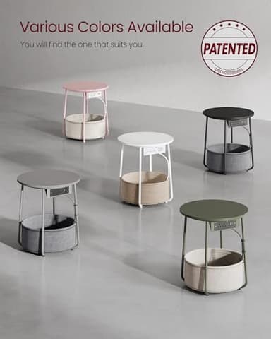 VASAGLE LILEA Collection - Side Table with Charging Station, Round End Table with Fabric Basket, Nightstand with USB Ports, for Living Room, Bedroom, Modern, Ebony Black and Slate Gray ULET228B01 - Image 8