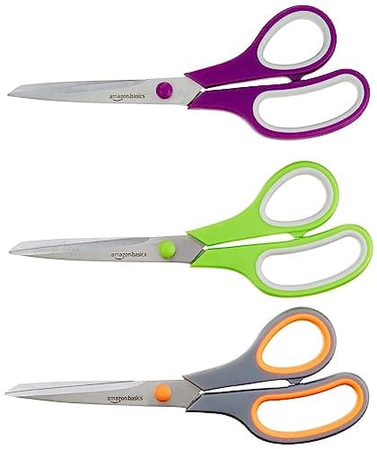Amazon Basics Stainless Steel Scissors for Office, Crafts, Multipurpose, Sharp, Comfort Grip, PVD Coated, 3 Pack, Multicolor - Image 1